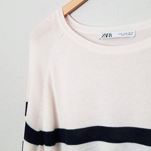 Zara Ivory Black Striped Basic Knit Pullover Sweater Crewneck Lightweight XL - Picture 10 of 15